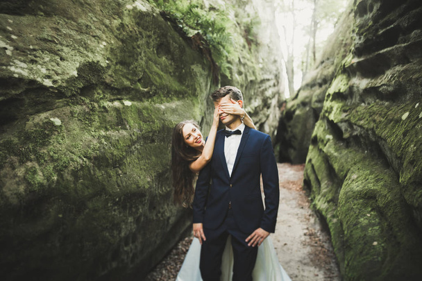 Beautiful happy young wedding couple posing on a background of rock cliff - Photo, image