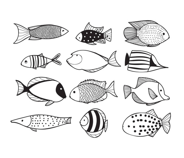 Black and white fish collection - Vektör, Görsel