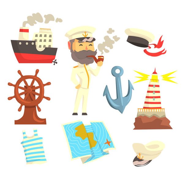 Captain with smoking pipe, set for label design. Colorful cartoon detailed Illustrations - Vector, Image