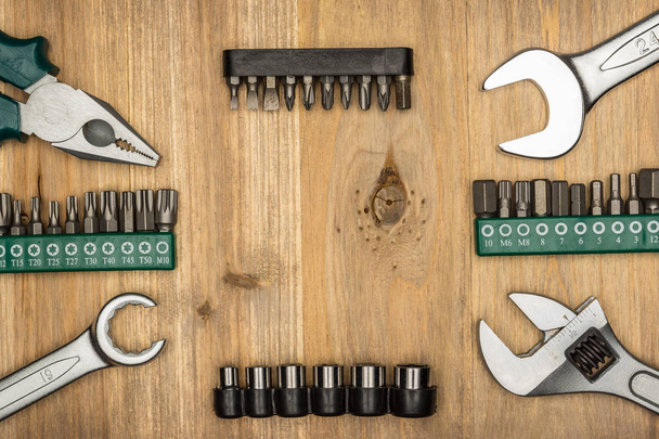 Top view of different type of constructive tools with copy space - Photo, Image