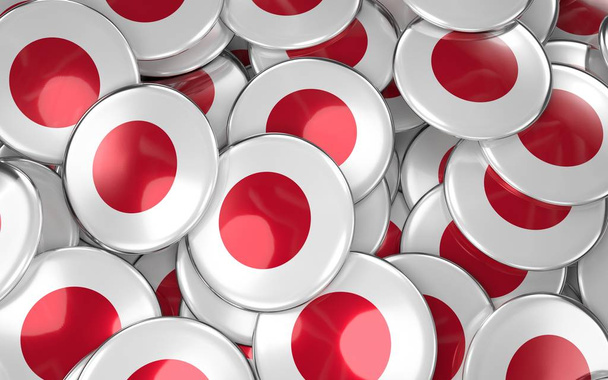 Japan Badges Background - Pile of Japanese Flag Buttons. - Foto, Imagem