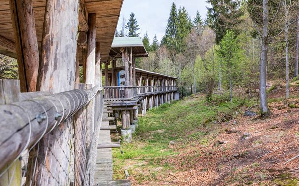 Viewing wooden footbridge for animal watching, Bavaria, Germany. Wooden bridge with a roof in the forest. - Foto, afbeelding