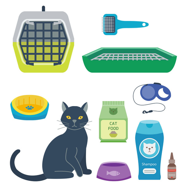 Colorful cat accessory cute vector animal icons pet equipment food domestic feline illustration. - Vector, Image