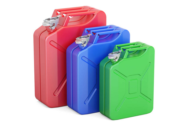 set of colored steel jerrycans, 3D rendering - Photo, image