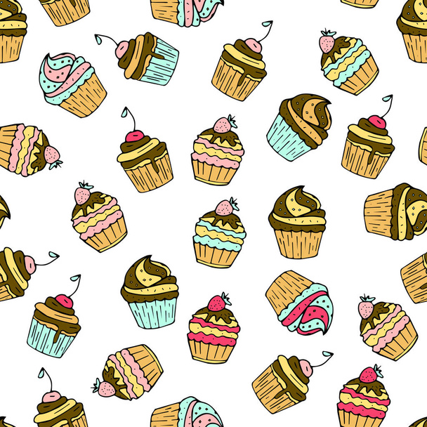 Απρόσκοπτη διάνυσμα μοτίβο με doodle γλυκά κέικ. - Διάνυσμα, εικόνα