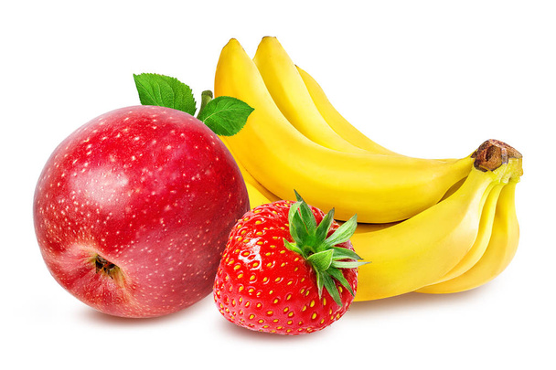 バナナ、イチゴ、りんごを白で隔離 - 写真・画像