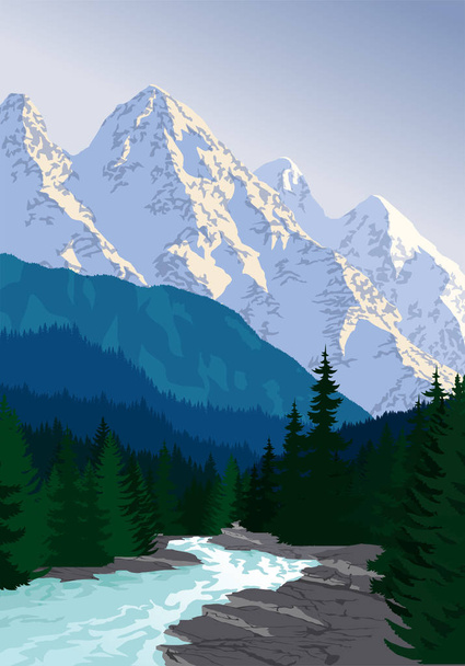vector evening in beautiful mountains forest river - Vector, Image