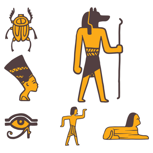 Mısır seyahat geçmiş sybols çizilmiş tasarım geleneksel hiyeroglif vektör çizim stili el. - Vektör, Görsel