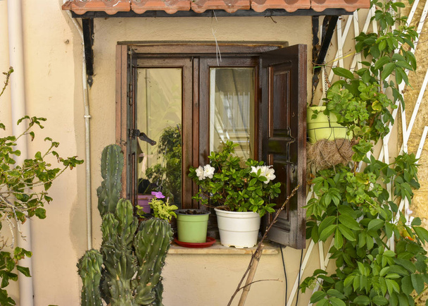 stone wall with wooden shutters on the window and flowers - Foto, Imagem