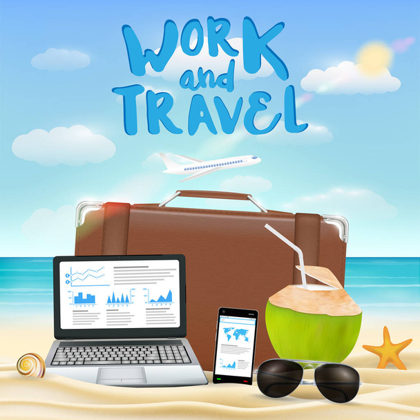 work and travel with laptop smartphone suitcase sun glasses - Vector, imagen