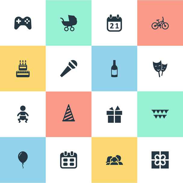 Vector Illustration Set of Simple Birthday Icons. Elementos Baby Carriage, Cap, Bicicleta y Otros Sinónimos Actor, Familia y Sombrero
. - Vector, Imagen