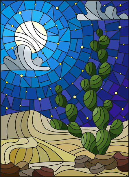 Η εικόνα στο λεκιασμένο γυαλί στυλ ζωγραφικής με το τοπίο της ερήμου, κάκτων σε ένα lbackground των αμμόλοφων, έναστρο ουρανό και φεγγάρι  - Διάνυσμα, εικόνα