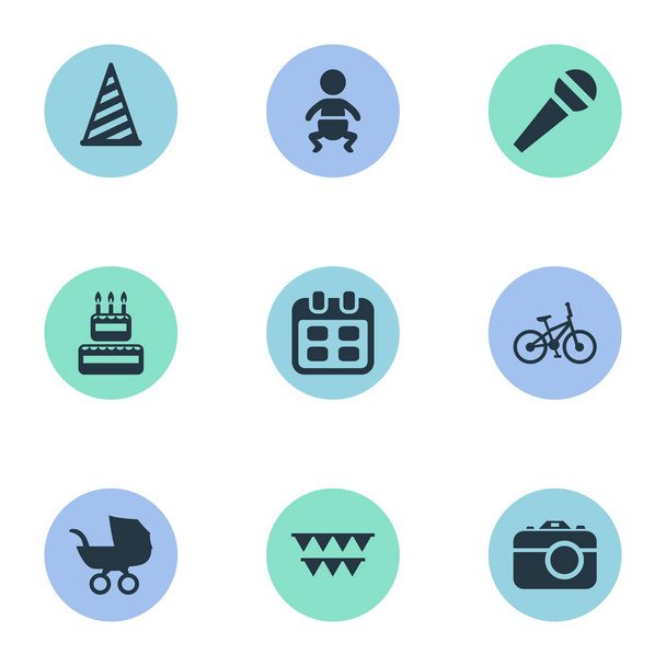 Illustrazione vettoriale Set di icone di celebrazione semplice. Elementi Cappello, carrozzina, passeggino per neonati e altre sinonimi, programma e festa
. - Vettoriali, immagini