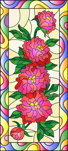 Illustration in stained glass style with flowers, buds and leaves of  red peonies on a  light background in bright frame,vertical orientation - Vector, Image