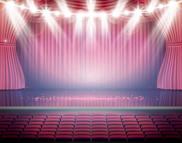 Abrir cortinas vermelhas com assentos e holofotes de néon
. - Vetor, Imagem