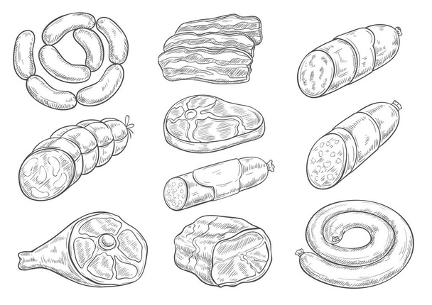 Icone di schizzo vettoriale dei prodotti a base di carne della macelleria
 - Vettoriali, immagini