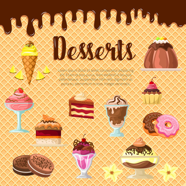 Vector desserts en gebak op Chocolade wafel - Vector, afbeelding