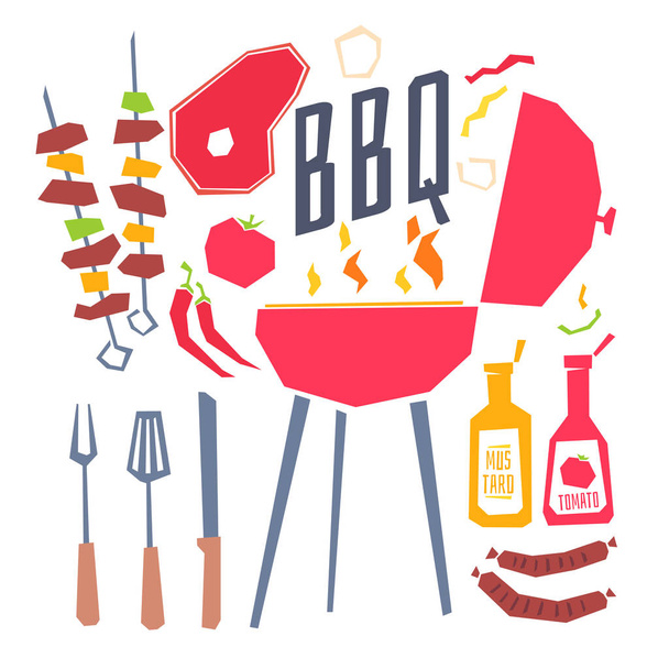 Bir mangal, Barbekü, sebze ve çatal bıçak takımı ile modern poster. - Vektör, Görsel