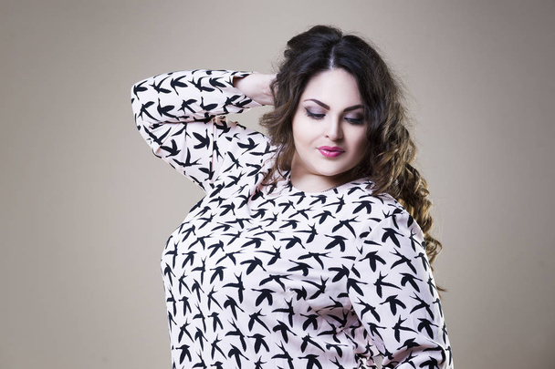 Plus size fashion model in casual clothes, fat woman on studio background, overweight female body - Foto, imagen