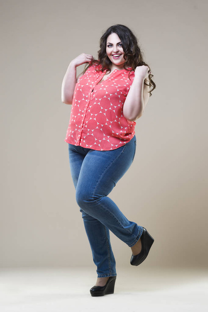 Plus size fashion model in casual clothes, fat woman on studio background, overweight female body - 写真・画像