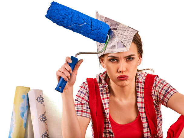 Repair home woman holding paint roller for wallpaper. - Photo, Image