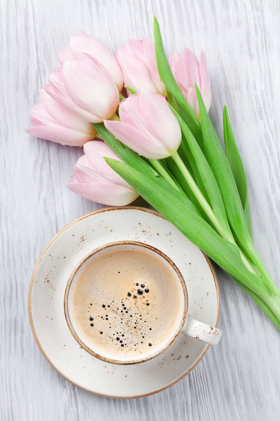 Pink tulips and coffee cup - Photo, Image