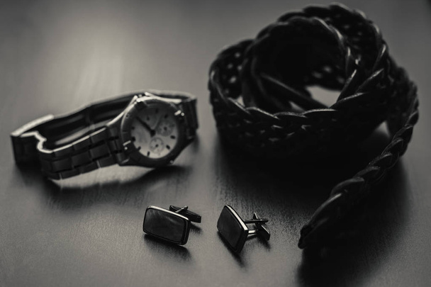 mans accessories. Shoes with watch and perfume - Photo, Image