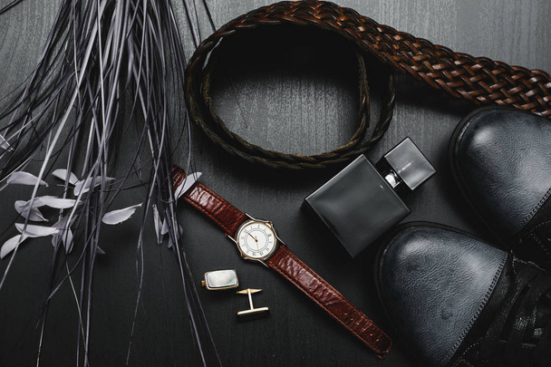men's accessories. Shoes with watch and cuff - Photo, Image
