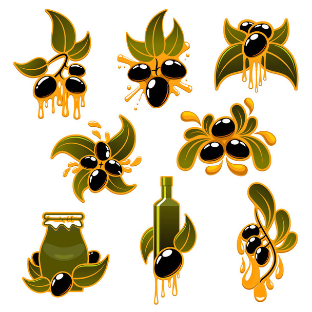 Векторні зелені та чорні оливки та іконки оливкової олії
 - Вектор, зображення