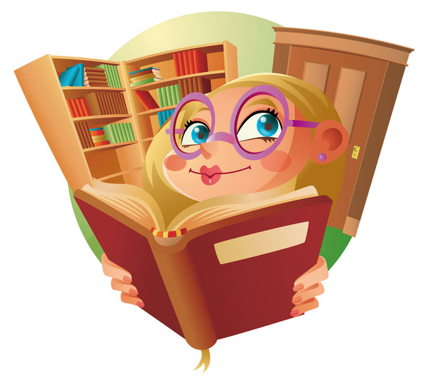 ein süßes Mädchen in der Bibliothek - Vektor, Bild