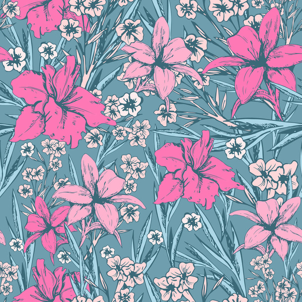 Seamless pattern with tender flowers, lilies and gladioluses - Vettoriali, immagini