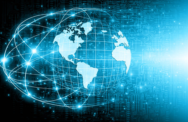 Najlepsza koncepcja internetowa globalnego biznesu. Globus, świecące linie na tle technologicznym. Wi-Fi, promienie, symbole Internet, Ilustracja 3D - Zdjęcie, obraz