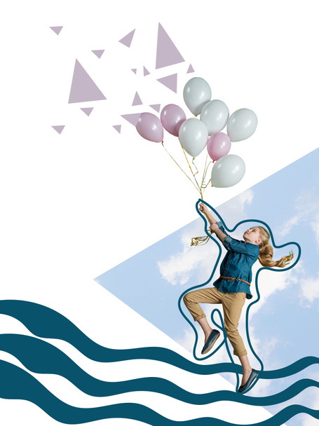 дівчина літає з повітряними кульками
 - Фото, зображення