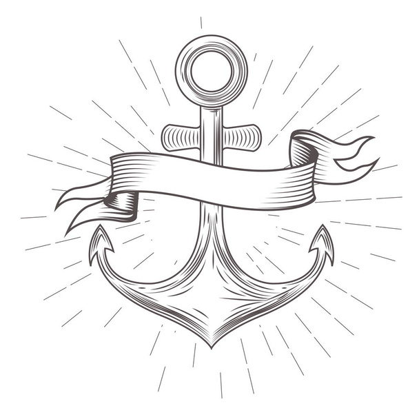 Emblem with vintage anchor and wavy banner - Vector, Image