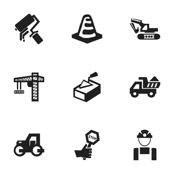 Satz von 9 editierbaren Struktursymbolen. beinhaltet Symbole wie camion, Spachtel, Hebezeuge und mehr. kann für Web-, Mobil-, UI- und Infografik-Design verwendet werden. - Vektor, Bild