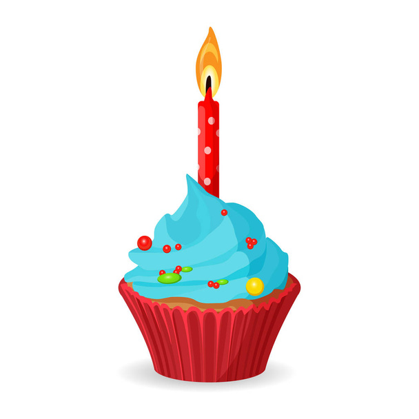 Γενέθλια cupcake με ένα καίγοντας κερί, μπλε κρέμα με καραμέλα - Διάνυσμα, εικόνα