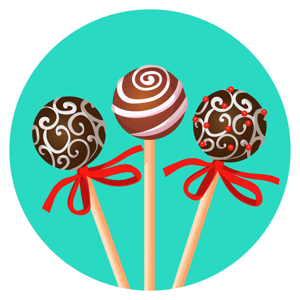 Three bonbones on stick with ornamental brown chocolate caramel - Vector, Image