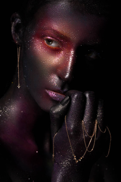 Beautiful girl with art space makeup on her face and body. Glitter Face. - Φωτογραφία, εικόνα