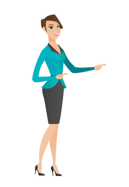 Caucasian business woman pointing to the side. - Vector, imagen