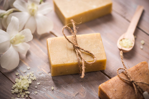 Handmade soap with white orchid. Spa products. - Photo, Image