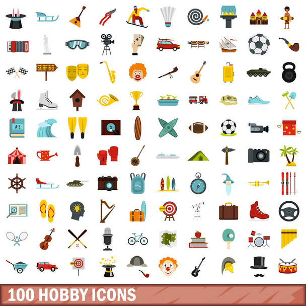 100 hobby icons set, flat style - Vector, Image