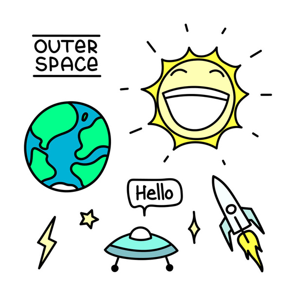 Hely beállítása a Föld bolygó, a nap, a repülő csészealj, a felirat - hello, rakéta, csillag, villám.  - Vektor, kép