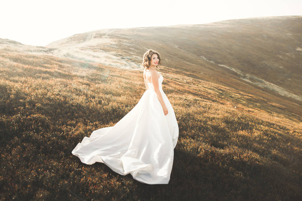 Happy beautiful bride outside on a summer meadow at the sunset with perfect view - Foto, Imagen