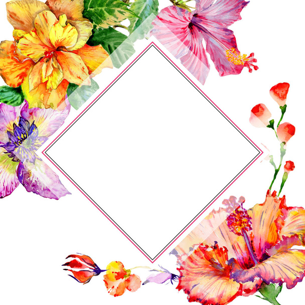 Wildflower hibiscus flower frame in a watercolor style isolated. - Φωτογραφία, εικόνα