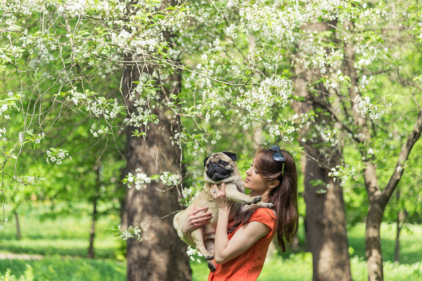Spring. A girl with a pug dog near a burgeoning tree - Zdjęcie, obraz