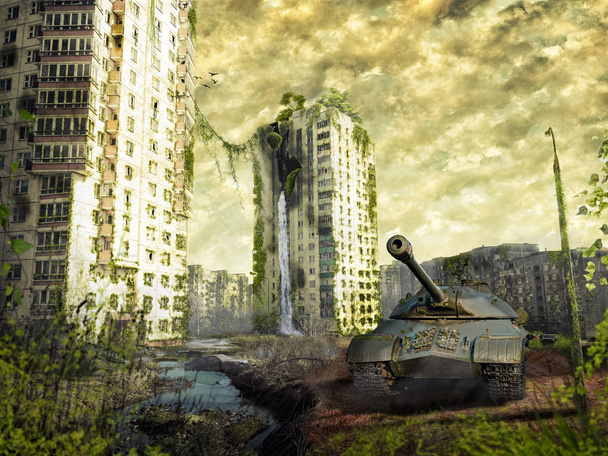 O tanque nas ruínas da cidade. Paisagem apocalíptica
 - Foto, Imagem