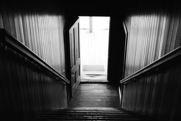 Downward Black and White Vintage Staircase - Photo, Image