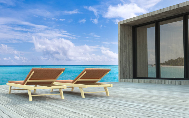 3D rendering, Beach chairs on wooden floor with blurred blue sky background. - Photo, Image