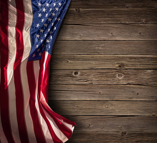 Patriotic American Celebration - Aged Usa Flag On Vintage Wood - Fotoğraf, Görsel