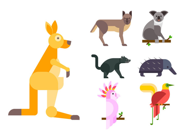Ausztrália vadon élő állatok cartoon népszerű jellegét karakterek lapos stílusú és ausztrál emlős ausztrál őshonos erdei gyűjtemény vektoros illusztráció. - Vektor, kép